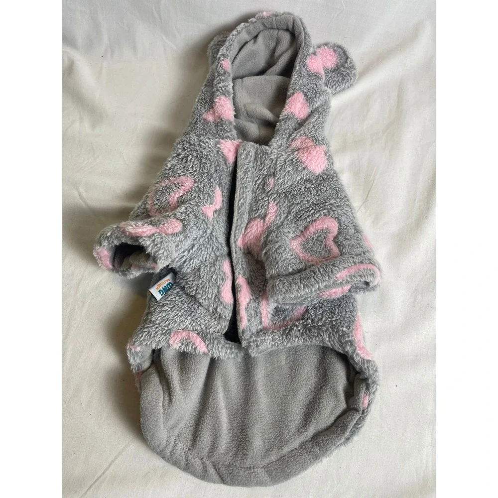 Wag and Wiggle Dog Hoodie Grey Pink Heart Sherpa Fleece Bear Ears Small RN64708‎